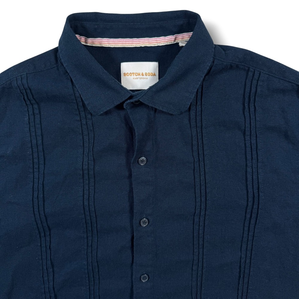 Scotch & Soda Button Down Mens Large Navy Blue Linen Blend Pintuck Shirt